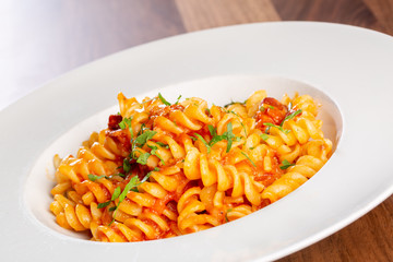 details of fresh made tomato sauce pasta