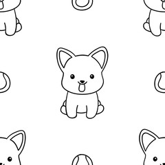 Simple seamless pattern, black and white cute kawaii hand drawn dog doodles, coloring pages