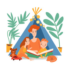 Stay home vector quarantine illustration with happy family