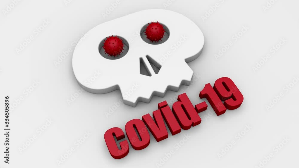 Poster 3d animation of the appearance of the skull, red viruses appear in the eyes and the text of the name