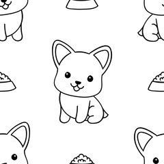 Simple seamless pattern, black and white cute kawaii hand drawn dog doodles, coloring pages