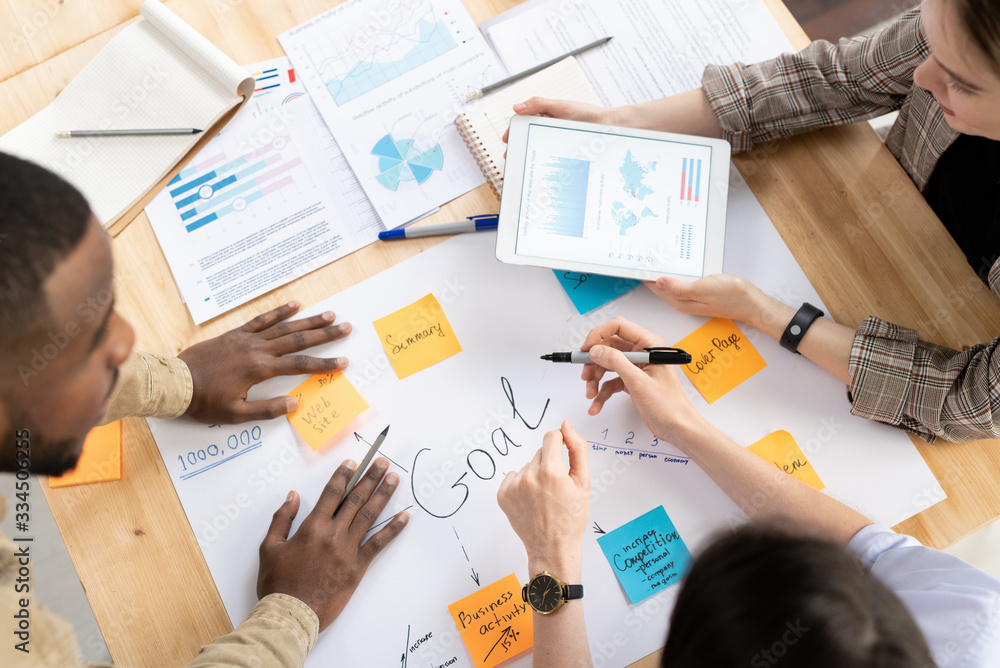 Poster above view of multi-ethnic colleagues standing around desk and working on business plan together at 