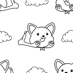 Simple seamless pattern, black and white cute kawaii hand drawn dog doodles, coloring pages