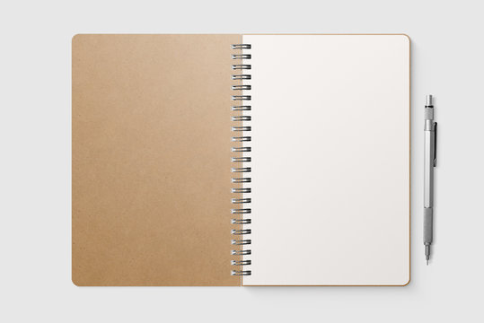 Real photo, blank spiral bound notepad mockup template with Kraft Paper cover, isolated on light grey background. High resolution.