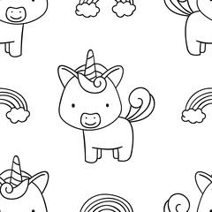 Simple seamless pattern, black and white cute kawaii hand drawn unicorn doodles, coloring pages