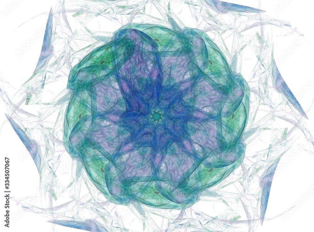 Poster particles of abstract fractal forms on the subject of nuclear physics science and graphic design. ge