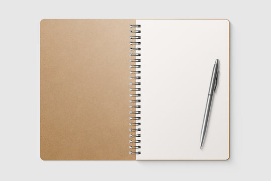 Real photo, blank spiral bound notepad mockup template with Kraft Paper cover, isolated on light grey background. High resolution.