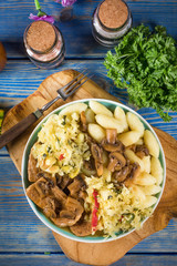 Braised pork loin with mushrooms.