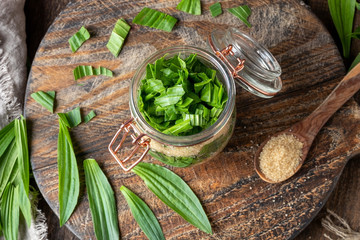 Preparation of a homemade herbal syrup against coughing from fresh ribwort plantain leaves and sugar © Madeleine Steinbach