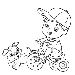 Coloring Page Outline Of a cartoon boy riding a Bicycle or bike with a dog. Coloring book for kids