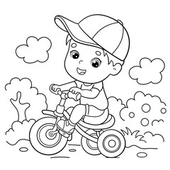 Coloring Page Outline Of a cartoon boy riding a Bicycle or bike. Coloring book for kids