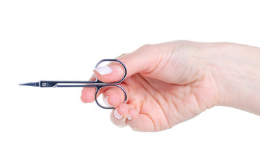 Nail scissors in hand on white background isolation