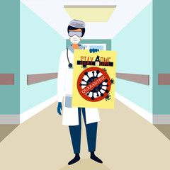 A doctor in a protective suit is holding a poster urging you to stay in quarantine at home. Coronavirus, epidemic