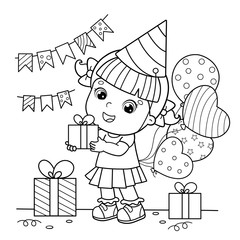 Coloring Page Outline Of a cartoon girl with a balloons and with gifts at the holiday. Birthday. Coloring book for kids