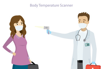 Male doctor measures temperature of caucasian woman using non-contact temperature scanner. Coronavirus protection