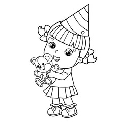 Coloring Page Outline Of cartoon girl with a teddy bear at the holiday. Birthday. Coloring book for kids