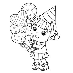Coloring Page Outline Of a cartoon girl with a balloons and with with a teddy bear at the holiday. Birthday. Coloring book for kids