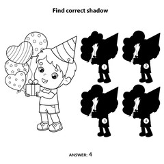 Puzzle Game for kids. Find correct shadow. Coloring Page Outline Of a cartoon boy with gift and balloons. Birthday. Coloring book for children.