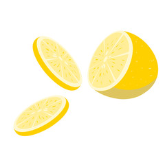 Bright yellow lemon and lemon slices. Volumetric illustration.