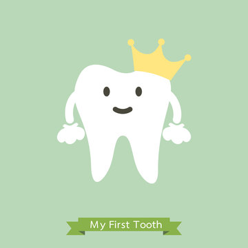 Baby first tooth, tooth is wearing golden crown - dental cartoon vector flat style