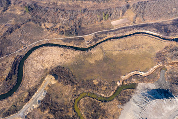 banks of a swampy river, aerial view