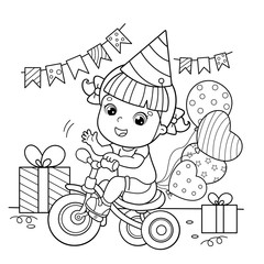  Coloring Page Outline Of a cartoon girl riding a Bicycle or bike with a balloons and with gifts at the holiday. Birthday. Coloring book for kids