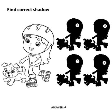 Puzzle Game for kids. Find correct shadow. Coloring Page Outline Of cartoon girl on the roller skates with a dog. Coloring book for children.