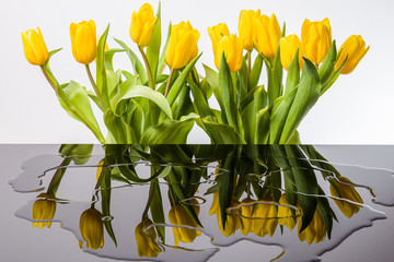 Bukiet tulipanów i lustrzane odbicie.  Żółte kwiaty.