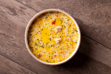 close up of tasty hos chicken and veggie soup