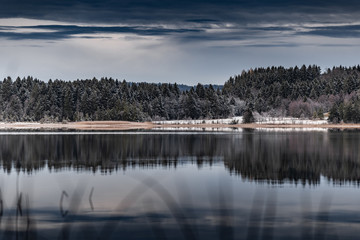 Landscape of a specular reflection in the lake, a dry grass, a cane and snags in the foreground, mountains and the forest on a background, ice on water, grass is covered with hoarfrost, tranquillity