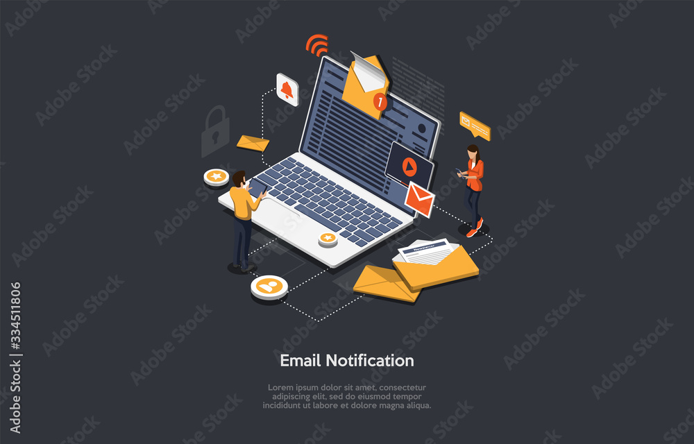 Aufkleber isometric email notification concept. people receive and send emails. big laptop with open envelope 
