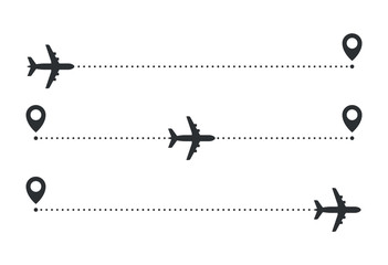 Airplane line path route. Start, middle and end of flight. Vector icon