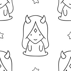 Simple seamless pattern, black and white cute kawaii hand drawn monster doodles, coloring pages