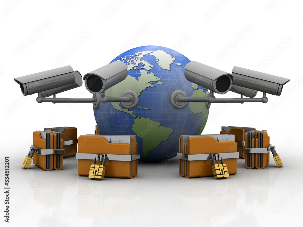 Aufkleber 3d rendering surveillance cctv security camera connected globe around folder lock