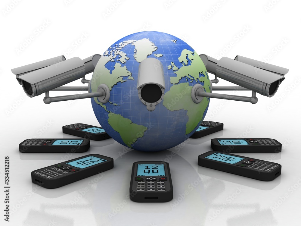 Poster 3d rendering surveillance cctv security camera connected globe with mobile phone