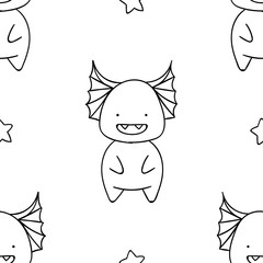 Simple seamless pattern, black and white cute kawaii hand drawn monster doodles, coloring pages