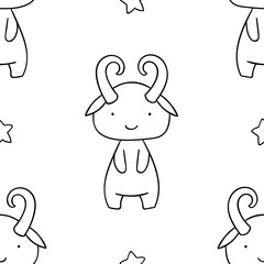 Simple seamless pattern, black and white cute kawaii hand drawn monster doodles, coloring pages