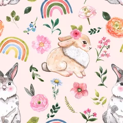 Wall murals Rabbit Cute rabbits and flowers seamless pattern. Watercolor Happy Easter print, nursery holiday design. Hand painted baby bunny, leaves, floral elements, rainbows illustration on pastel pink background.