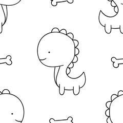 Simple seamless pattern, black and white cute kawaii hand drawn dinosaur doodles, coloring pages