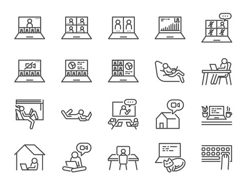 Work from home line icon set. Included icons as self quarantine, stay home, working, online, video conference, office and more.