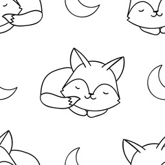 Simple seamless pattern, black and white cute kawaii hand drawn wolf doodles, coloring pages