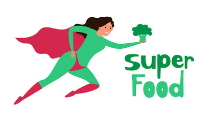 Obraz premium flying woman super hero with broccoli healthy food concept