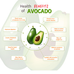 Health Benefits of Avocado. Avocado nutrients infographic template vector illustration. Fresh Fruits