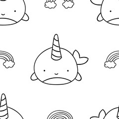 Simple seamless pattern, black and white cute kawaii hand drawn narwhal doodles, coloring pages