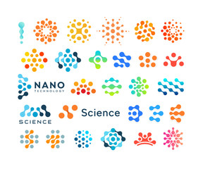 Set of science logo templates, creative dotted logotypes, modern abstract shapes, vector emblem collection