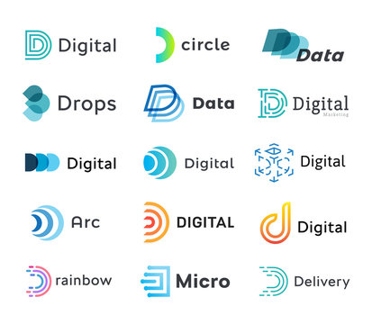 Set Of Digital Logo Templates, Creative Linear Data Logotypes, Modern Abstract Letter D, Vector Emblem Collection For New Technology Business.