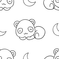 Simple seamless pattern, black and white cute kawaii hand drawn panda doodles, coloring pages