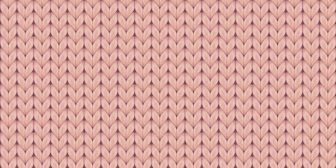 Knitted realistic seamless background of pink color. Knitting vector pattern. Vector knit texture for background.