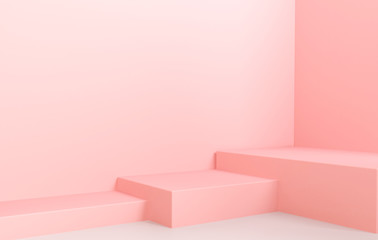 3d render interior of pink abstract geometric background or texture. Bright pastel podium or stairs for product display.