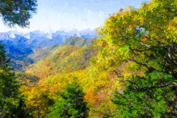 Impressionistic Style Artwork of Autumn in the Appalachian Mountains Viewed Along the Blue Ridge Parkway
